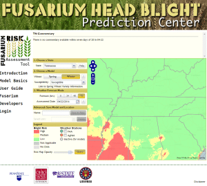 FHB Prediction Center showing 72 hour risk forecast for TN